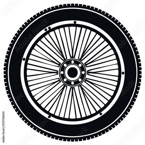 Stylized bicycle wheel icon with tire, spokes, and hub. Black and white vector illustration of cycling part.