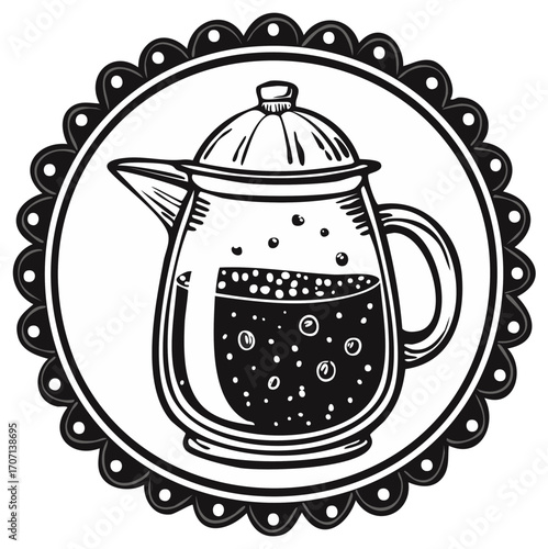 Vintage hand drawn coffee pot with bubbly liquid in a decorative round frame monochrome illustration