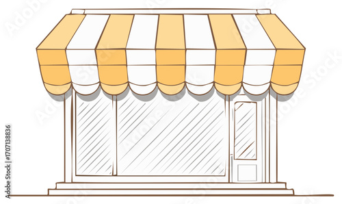 Hand drawn illustration of a charming shop facade with a yellow striped awning