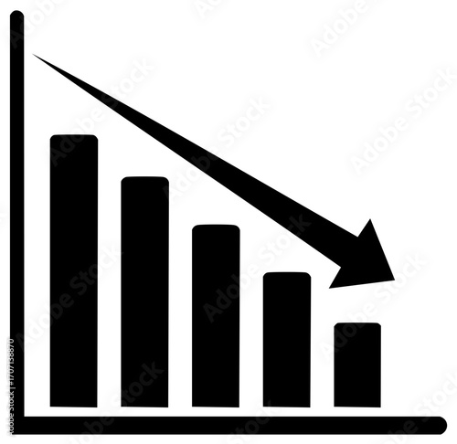 Declining bar chart with arrow pointing down depicts business loss, failure, negative trends