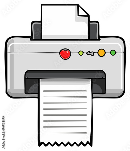 Cartoon printer producing document pages with paper feeding and progress lights