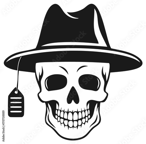 Stylized Skull Wearing Fedora Hat with Price Tag Silhouette for Design