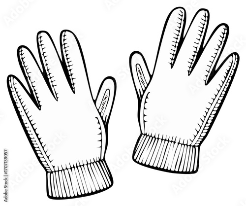 Hand-drawn illustration of two black and white winter gloves with ribbed cuffs