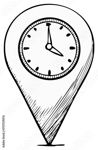 Map pin with a clock icon hand drawn sketch symbolizing time and location concept