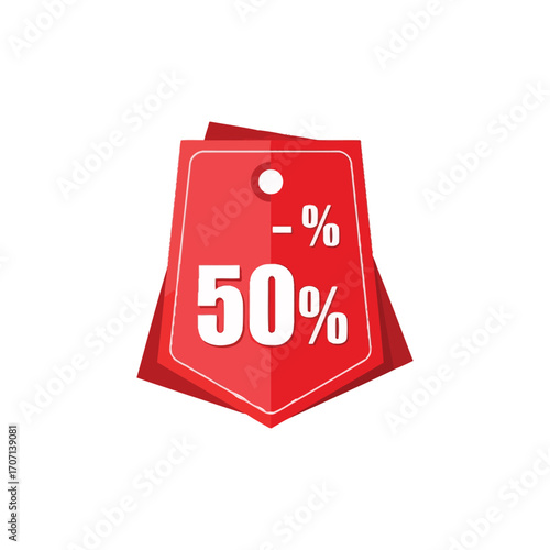 A vibrant red sale tag with a 50 discount offer, isolated on white background, perfect for advertising promotional deals and attracting customer attention