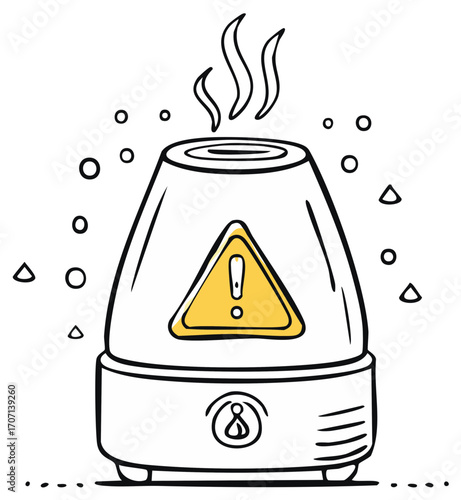 Humidifier emitting steam with a yellow warning sign and circles.