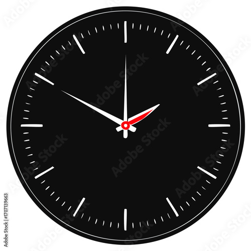 Minimalist analog clock with black face white hands and red second hand showing the time