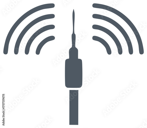 Graphic icon of an antenna radiating strong wireless signals representing modern communication and digital network connectivity