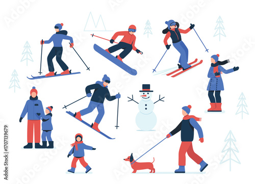 Winter Activities Illustration,  People Skiing, Snowboarding, Ice Skating, Walking Dogs, Building Snowmen, Flat Cartoon Characters, Outdoor Park Scene, Seasonal Snowy Landscape, Fun Winter Recreation