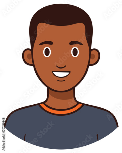Smiling young man with dark skin and short hair wearing a casual dark blue t-shirt.