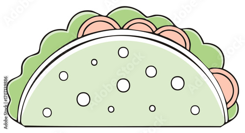 Stylized Fresh and Delicious Taco Featuring Meat Lettuce and Cheese Cartoon Illustration