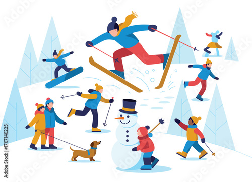 Winter Fun Vector Set,  Skiing, Snowboarding, Ice Skating, Girl Walking Dog, Snowman Making, Cartoon Characters in Flat Design, Outdoor Park Activities Illustration, Isolated on White