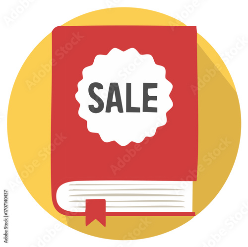 Red book with a sale tag in a yellow circle with a long shadow