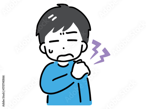 肩こりに悩む私服の若い男性(上半身・正面)