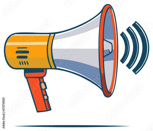 Loud orange and white megaphone for communication, message, or promotion with sound waves