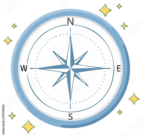 Compass rose navigation tool with cardinal directions and yellow star embellishments illustration