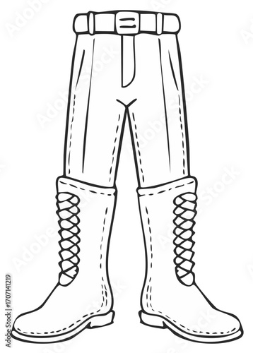 Line art illustration of equestrian riding breeches and tall lace up boots for a coloring page
