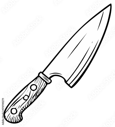 Sharp Kitchen Knife Illustration with Wooden Handle Black and White Line Art