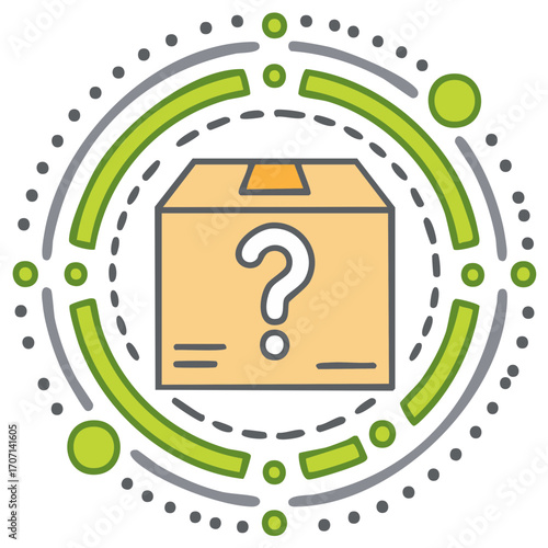 Unknown Parcel Box with Question Mark Icon Surrounded by Abstract Digital Data Flow Information Graphic