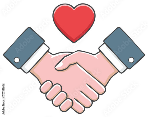 Cartoon Handshake Above Red Heart Agreement Love Concept with Collaboration and Partnership Illustration