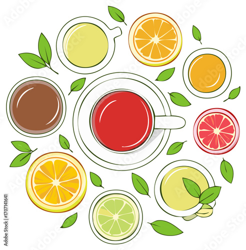 Assorted Teas and Citrus Fruit Slices: Illustration of Vibrant Beverages and Fresh Citrus