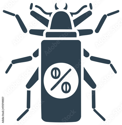 Stylized dark blue insect icon with a circular percentage symbol on its abdomen