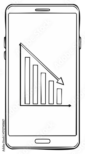 Downward graph chart on mobile phone screen indicating loss or declining rates with arrow and bars hand drawn