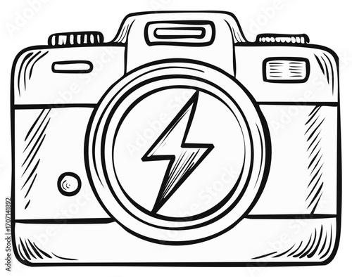 Hand drawn vintage camera with lightning bolt symbol on lens sketch style line art illustration