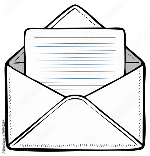 Letter Drawing: Open Envelope with Striped Paper, Communication Concept, Correspondence