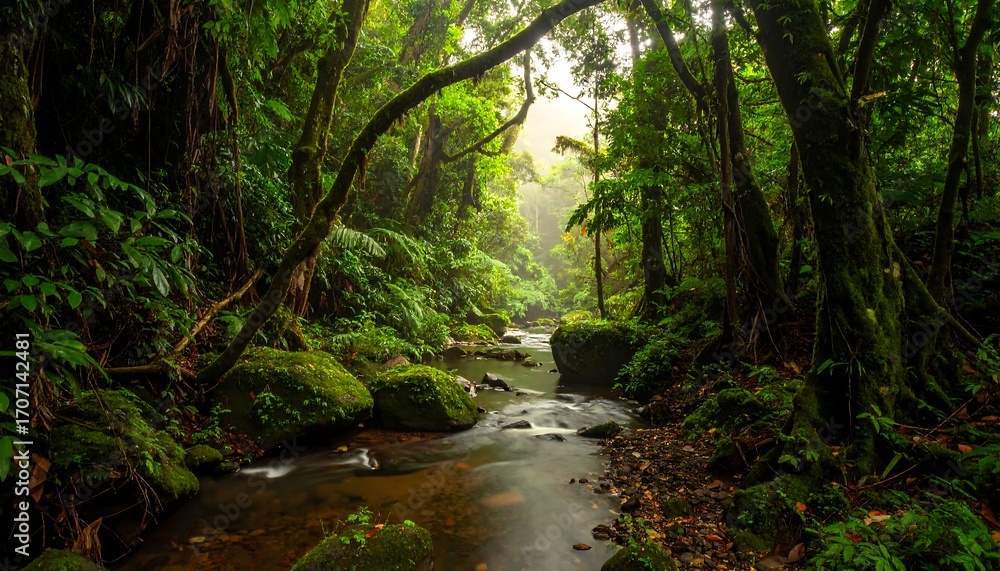 Fototapeta premium A lush, verdant rainforest scene with a flowing stream, dense foliage, and moss-covered rocks. Hazy light filters