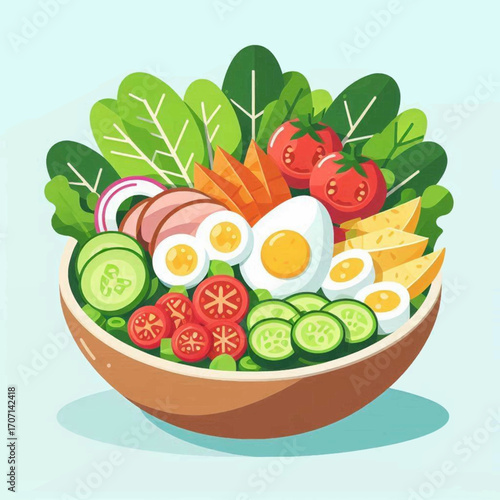 Colorful salad bowl leafy greens tomatoes eggs cucumbers carrots cheese ham and onion