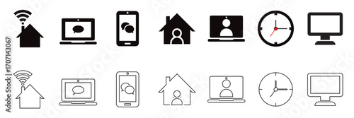 Home office icon. Work from home and remote technology icons. Set of black and white vector icons representing remote work, home office, communication, video calls, smart home, clocks, and devices.
 
