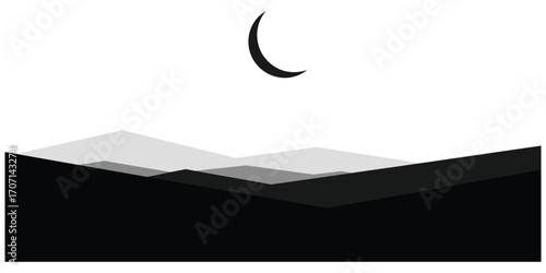 Minimalist mountain landscape with moon isolated on white background, a serene vector illustration of nature, calm and peaceful scenery, simple and elegant design
