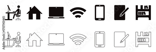 Home office icon. Work from home and remote technology icons. Set of black and white vector icons representing remote work, home office, communication, video calls, smart home, clocks, and devices.
 

