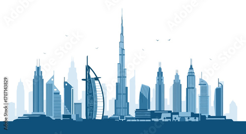 Minimalist Vector Illustration of the Dubai Skyline, Featuring Iconic Landmarks and Modern Architecture for Travel and Tourism Marketing