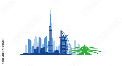 Minimalist Dubai Skyline Illustration Showcasing Iconic Landmarks for Travel Brochures, Tourism Websites, and Urban Design Projects