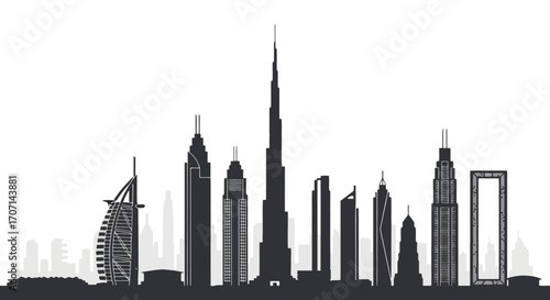 Dubai Skyline Silhouette Illustration Featuring Iconic Landmarks for Travel Guides, Architectural Presentations, and Urban Design Projects.
