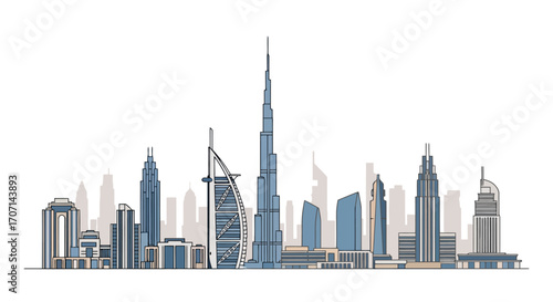 Minimalist Vector Illustration of the Dubai Skyline Featuring Iconic Skyscrapers and Architectural Landmarks for Travel and Tourism Promotion