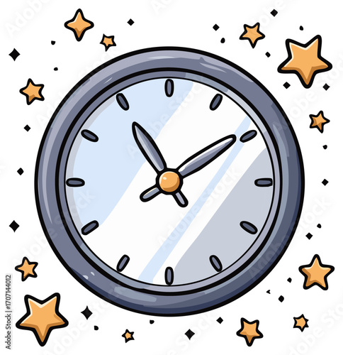 Whimsical cartoon clock with sparkling stars for time management and important deadlines