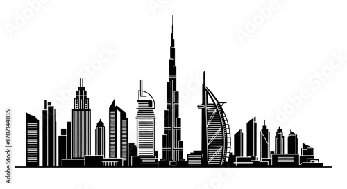 Minimalist Dubai Skyline Illustration Showcasing Iconic Landmarks and Modern Architecture for Travel, Tourism, and Design Projects.
