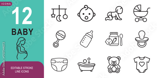 Baby Line Editable Icons set. Pregnant woman, Baby, baby crawling, clothes for babies and more. Editable line icons. Vector illustration Isolated on white background