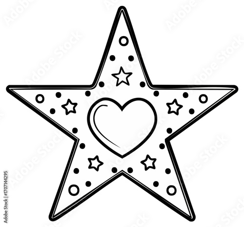 Stylized Star Icon with Heart and Star Inserts, Geometric Star Shape, Outline, Black and White