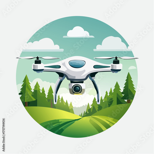 White drone flying over a picturesque green landscape, capturing aerial footage of a forest and fields.