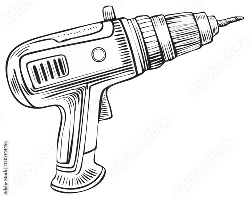 Line art drawing of cordless power drill used in construction, maintenance and for repairs in the workshop