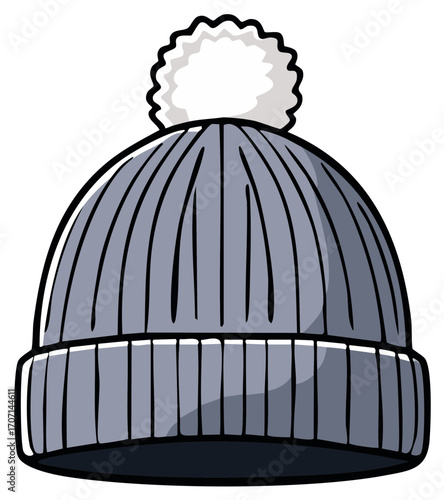 Gray Winter Hat with White Pom Pom Graphic Illustration