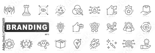 Branding outline icons showcasing identity, logo, strategy, packaging, loyalty, targeting, marketing, recognition, quality, growth, and design in editable-stroke vector format