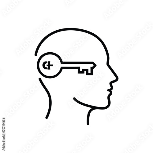 A key inside a human head isolated on white background representing solution, idea, concept, unlock, answer, problem solving, and intelligence