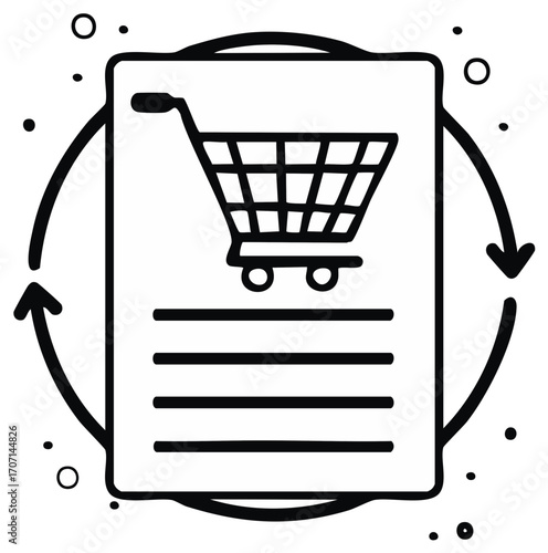 E-commerce shopping cart with return arrows illustration, online purchasing and product refund or exchange symbol