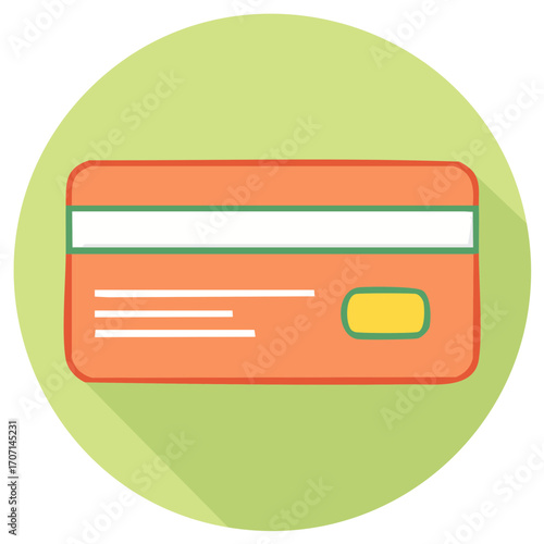 Orange credit card with magnetic stripe and chip on a light green circle background