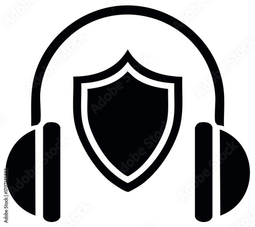 Simple Black Icon of Headphones and Shield Symbolizing Audio Security and Hearing Protection